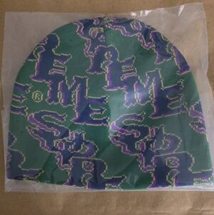 Brand New Supreme Green and Purple Gothic Outline Beanie.